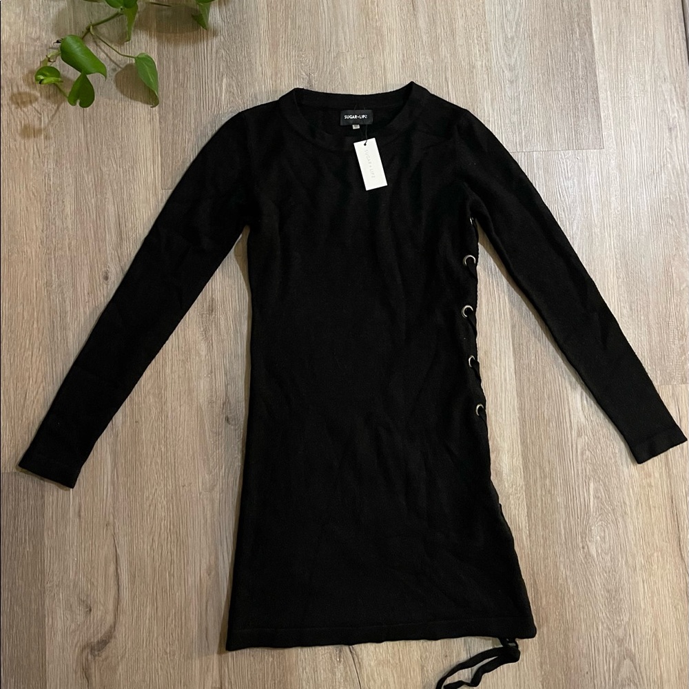 Black Lace-Up Sugarlips Sweater Dress